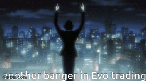 A Silhouette Of A Person With Their Arms In The Air With The Words Another Banger In Evo Trading Below Them GIF