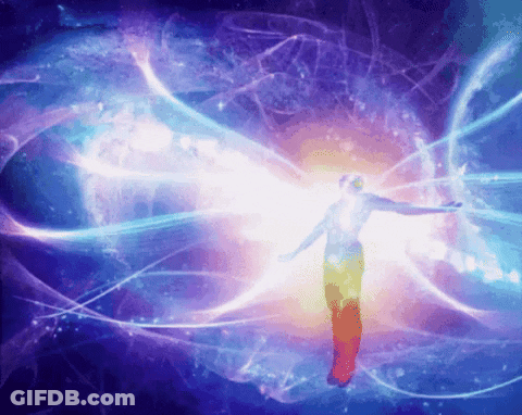 A Silhouette Of A Person With Their Arms Outstretched Is Surrounded By A Rainbow Of Lights GIF