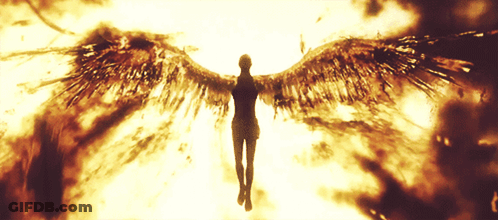 A Silhouette Of A Person With Wings Flying In The Air GIF