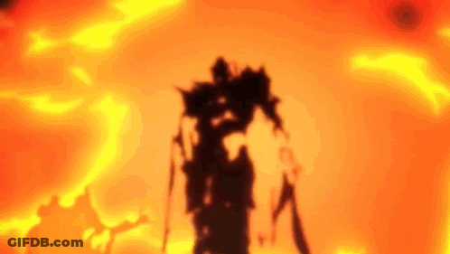 A Silhouette Of A Robot Is Standing In Front Of A Fire . GIF