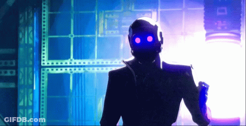 A Silhouette Of A Robot With Blue Eyes Standing In A Room GIF