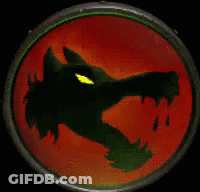 A Silhouette Of A Werewolf With A Yellow Eye Is In A Red Circle GIF