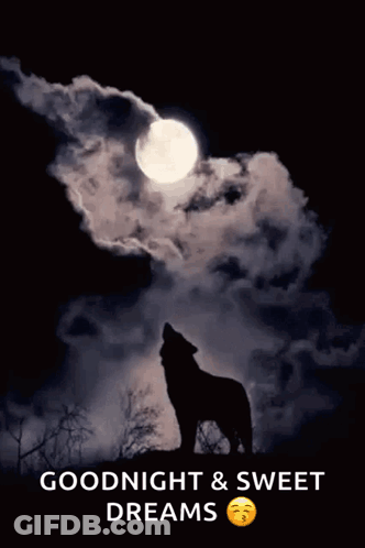 A Silhouette Of A Wolf Howling At The Moon With The Words Goodnight & Sweet Dreams Below It GIF
