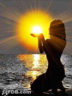 A Silhouette Of A Woman Holding The Sun In Her Hands With The Letters Ve Below Her GIF