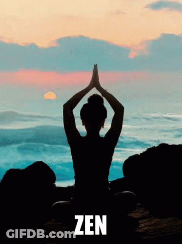 A Silhouette Of A Woman Sitting In A Lotus Position With The Word Zen Above Her GIF