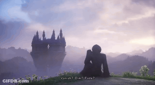 A Silhouette Of A Woman Sitting In Front Of A Castle With The Words Vanish Dim Fade Written Below Her GIF
