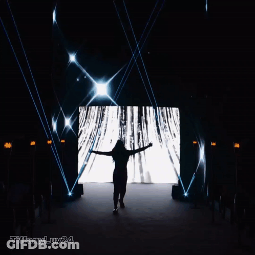 A Silhouette Of A Woman Standing In Front Of A Large Screen With Tiffanyluv24 Written On The Bottom Right GIF