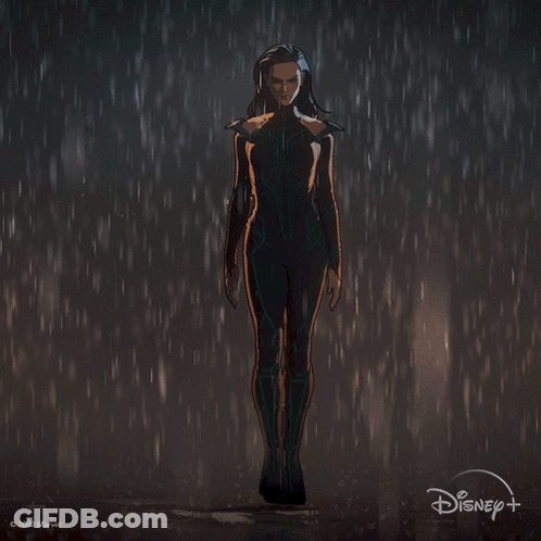 A Silhouette Of A Woman Standing In The Rain With Disney + In The Corner GIF