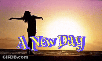 A Silhouette Of A Woman Standing On A Beach With The Words A New Day Above Her GIF