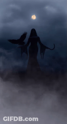 A Silhouette Of A Woman With A Crow On Her Shoulder GIF