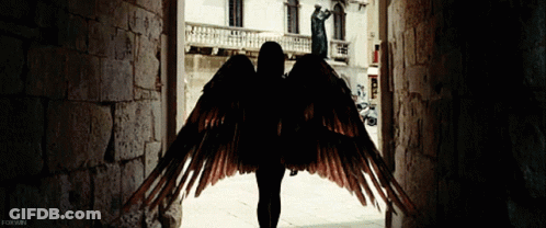A Silhouette Of A Woman With Angel Wings Standing In An Alleyway GIF