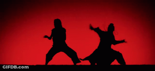 A Silhouette Of Two People Dancing In Front Of A Red Backdrop GIF