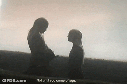 A Silhouette Of Two People Holding Hands With The Words " Not Until You Come Of Age " Below Them GIF