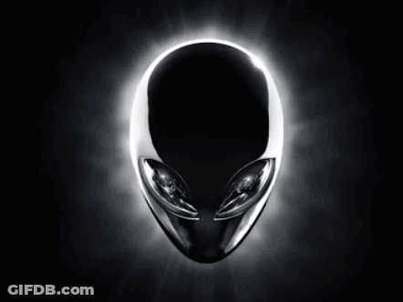 A Silver Alien Head With Glowing Eyes On A Dark Background GIF