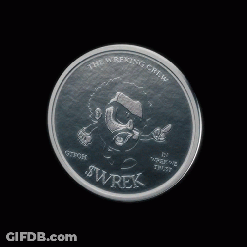 A Silver Coin That Says The Wreking Crew On It GIF