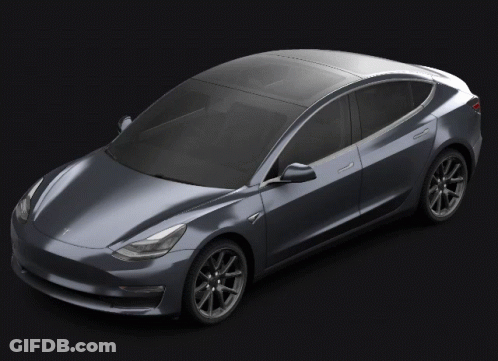 A Silver Tesla Model 3 With The Trunk Open GIF