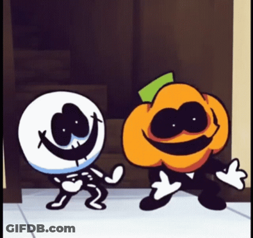 A Skeleton And A Pumpkin Are Standing Next To Each Other And Smiling . GIF