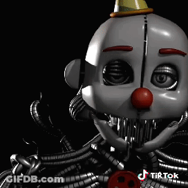 A Skeleton Clown With A Red Nose And A Yellow Hat Is On A Black Background . GIF