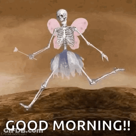 A Skeleton Dressed As A Fairy Is Jumping In The Air With A Wand . GIF