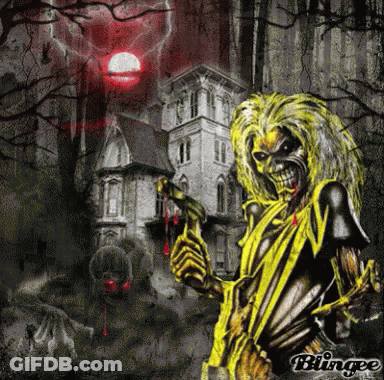 A Skeleton Holding A Gun In Front Of A Haunted House With Blingee Written On The Bottom GIF