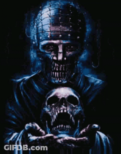 A Skeleton Holding A Skull In His Hands GIF