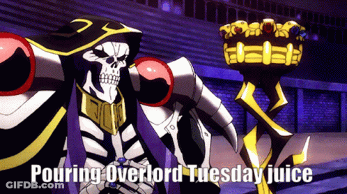 A Skeleton Holding A Torch With The Words Pouring Overlord Tuesday Juice GIF