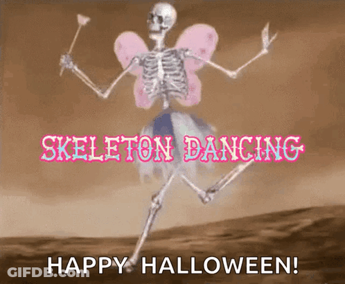 A Skeleton In A Fairy Costume Is Dancing With The Words " Skeleton Dancing Happy Halloween " GIF