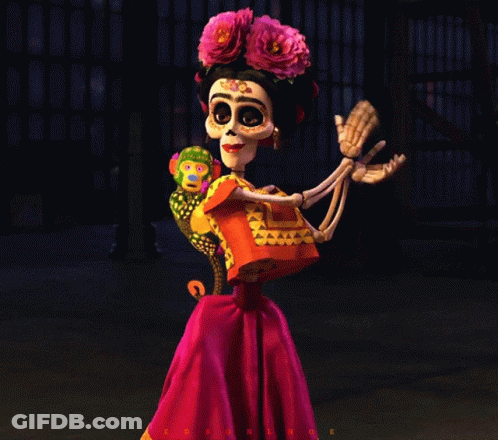 A Skeleton In A Pink Dress Holds A Stuffed Monkey In Her Arms GIF