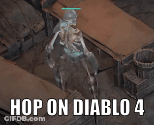 A Skeleton In A Video Game With The Words Hop On Diablo 4 Above It GIF