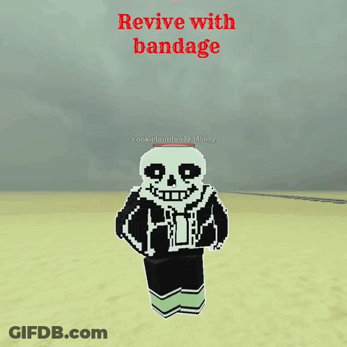 A Skeleton In A Video Game With The Words Revive With Bandage GIF