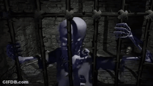 A Skeleton Is Behind Bars In A Jail Cell GIF