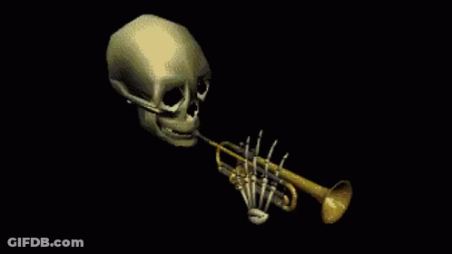 A Skeleton Is Blowing A Trumpet In A Dark Room . GIF