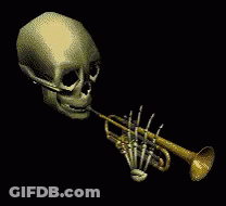 A Skeleton Is Blowing A Trumpet On A Black Background . GIF