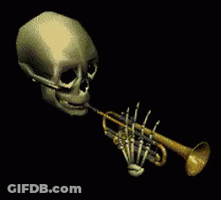 A Skeleton Is Blowing A Trumpet With Its Tongue GIF