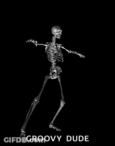 A Skeleton Is Dancing On A Black Background With The Words Groovy Dude Above It . GIF