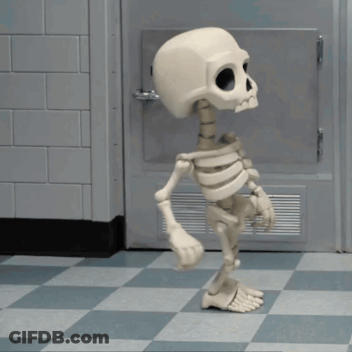 A Skeleton Is Dancing On A Checkered Floor In Front Of A Door GIF