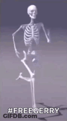A Skeleton Is Dancing On A Gray Background With The Words `` Freegerry '' Written Below It . GIF