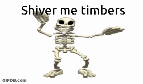 A Skeleton Is Dancing With The Words " Shiver Me Timbers " Behind It GIF