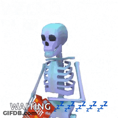 A Skeleton Is Holding A Bag Of Chips And The Word Waiting Is Above Him . GIF