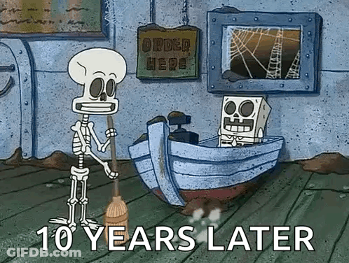 A Skeleton Is Holding A Broom Next To A Skeleton In A Boat . GIF