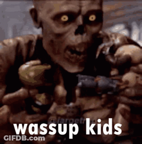 A Skeleton Is Holding A Gun And The Words `` Wassup Kids '' Are Visible . GIF
