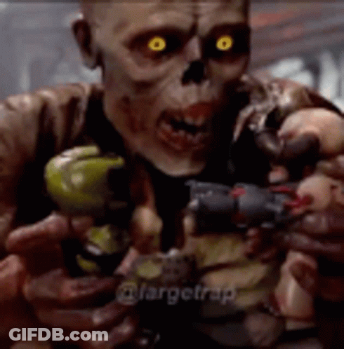 A Skeleton Is Holding A Gun In His Hands And Looking At The Camera . GIF