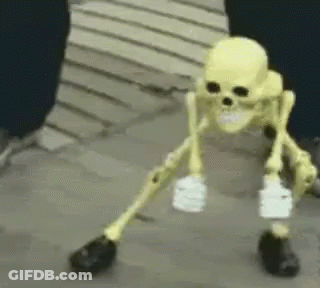 A Skeleton Is Holding A Light Bulb In His Hand And Standing On One Leg . GIF