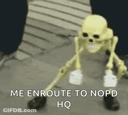 A Skeleton Is Holding A Pair Of Dumbbells And Saying `` Me Enroute To Nopd Hq '' . GIF