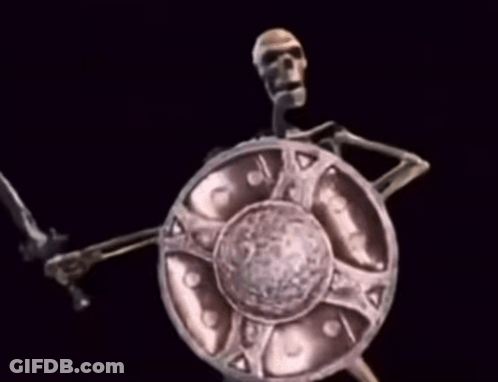 A Skeleton Is Holding A Shield And A Sword In A Dark Room . GIF