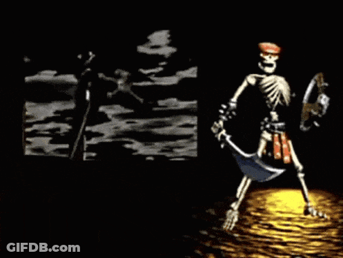 A Skeleton Is Holding A Sword And Shield In A Game GIF