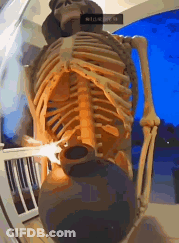 A Skeleton Is Holding A Vase With A Light Coming Out Of It . GIF