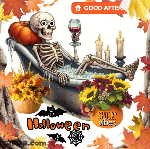 A Skeleton Is Laying In A Bathtub With A Glass Of Wine GIF