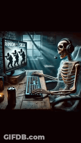 A Skeleton Is Playing Rainbow Six Siege On His Computer GIF