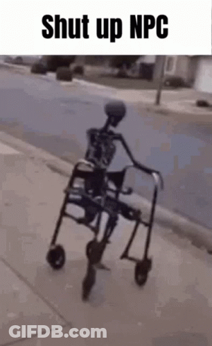 A Skeleton Is Riding A Walker Down A Sidewalk With The Caption `` Shut Up Npc '' . GIF
